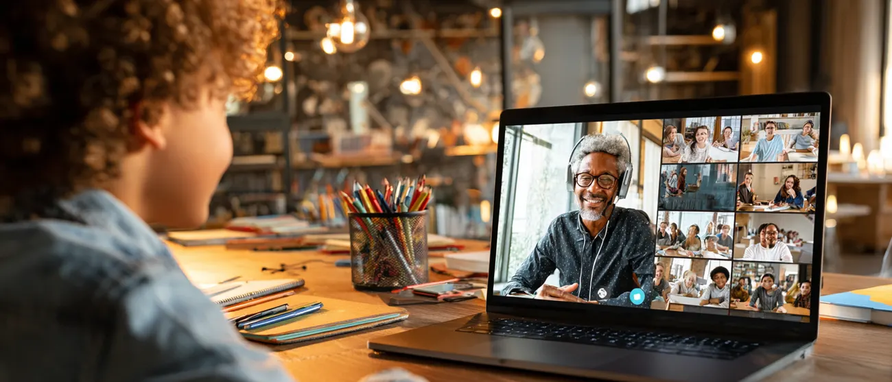 Student in a live online class with a teacher