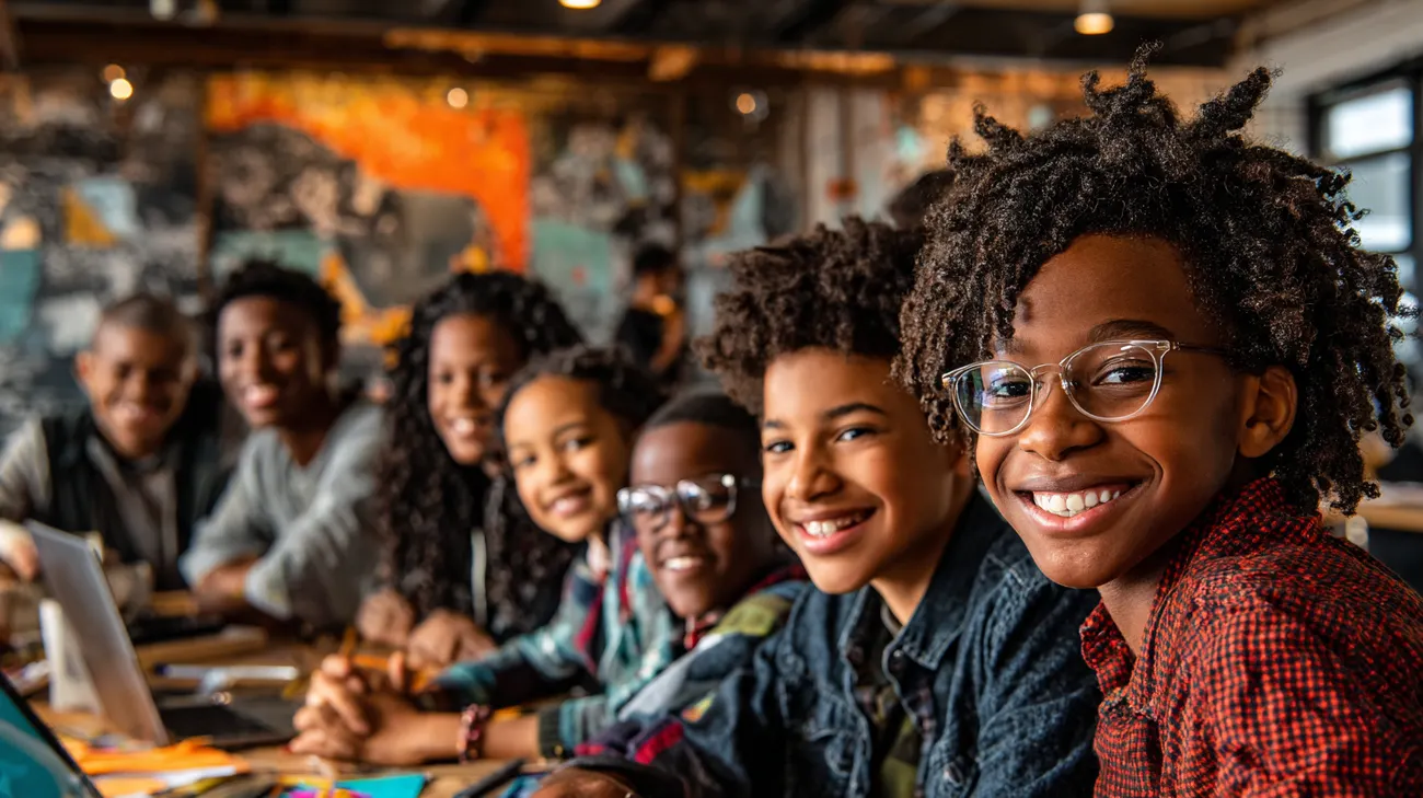 Black and Afro-Latino middle-school students collaborating in a learning pod